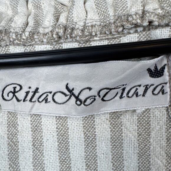 Rita NoTiara Linen Ruffle Blouse Tan White Stripe One SZ  Lagenlook Boho - Picture 9 of 11